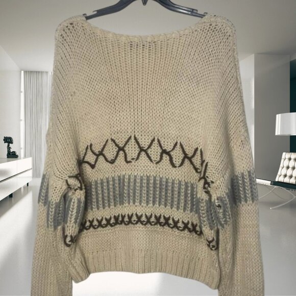 Blue B Collection Chunky Knit Sweater Women’s Large Cream Brown Blue Cozy Boho - Picture 3 of 12